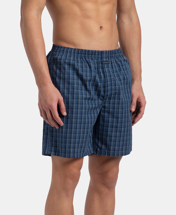 Super Combed Mercerized Cotton Woven Checkered Boxer Shorts with Back Pocket - Navy & Blue Shadow New (Pack of 2)