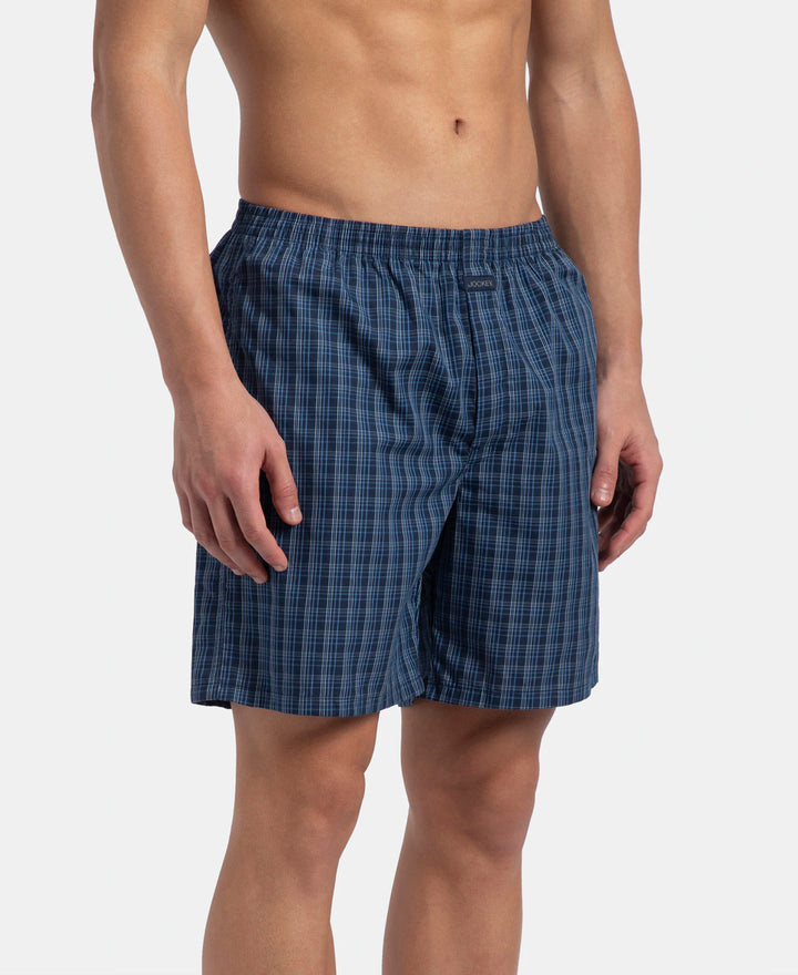 Super Combed Mercerized Cotton Woven Checkered Boxer Shorts with Back Pocket - Navy & Blue Shadow New (Pack of 2)