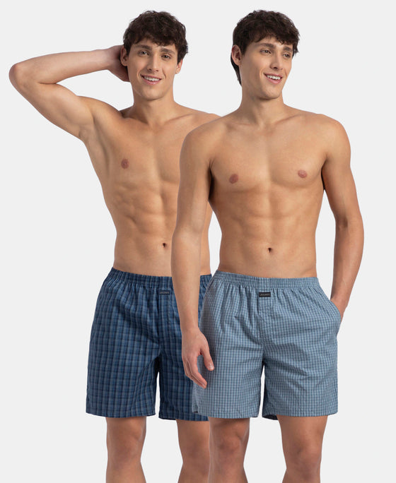 Super Combed Mercerized Cotton Woven Checkered Boxer Shorts with Back Pocket - Navy & Blue Shadow New (Pack of 2)