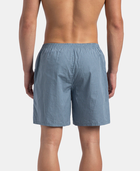 Super Combed Mercerized Cotton Woven Checkered Boxer Shorts with Back Pocket - Navy & Blue Shadow New (Pack of 2)