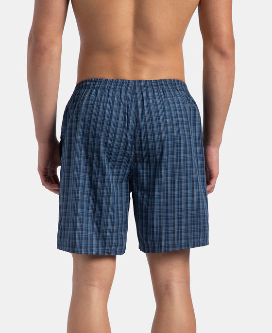 Super Combed Mercerized Cotton Woven Checkered Boxer Shorts with Back Pocket - Navy & Blue Shadow New (Pack of 2)