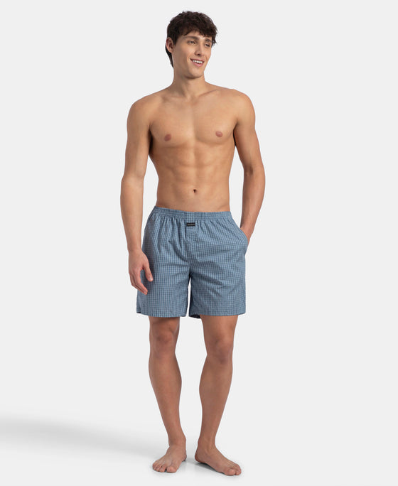 Super Combed Mercerized Cotton Woven Checkered Boxer Shorts with Back Pocket - Navy & Blue Shadow New (Pack of 2)