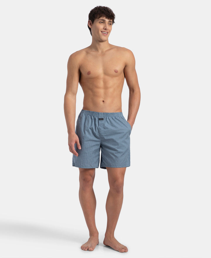 Super Combed Mercerized Cotton Woven Checkered Boxer Shorts with Back Pocket - Navy & Blue Shadow New (Pack of 2)