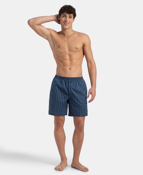 Super Combed Mercerized Cotton Woven Checkered Boxer Shorts with Back Pocket - Navy & Blue Shadow New (Pack of 2)