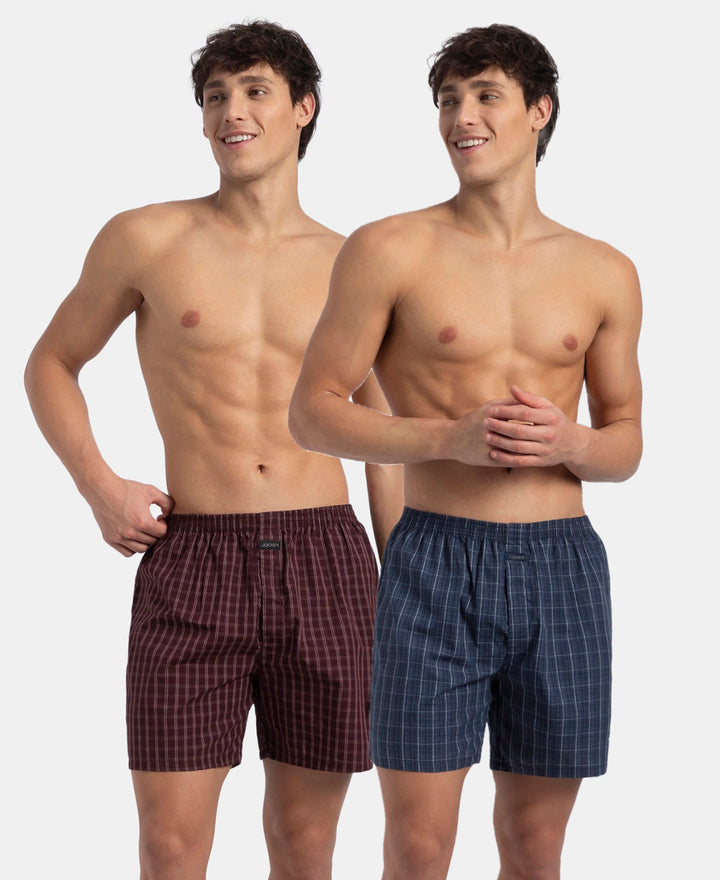 Super Combed Mercerized Cotton Woven Checkered Boxer Shorts with Back Pocket - Tawny Port & Vintage Indigo (Pack of 2)