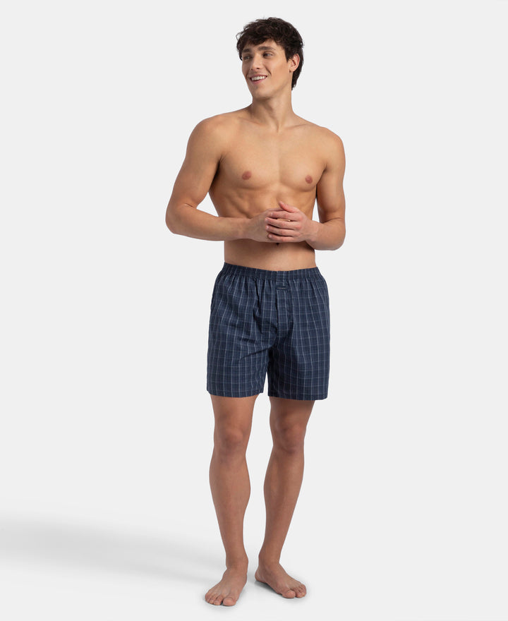 Super Combed Mercerized Cotton Woven Checkered Boxer Shorts with Back Pocket - Tawny Port & Vintage Indigo (Pack of 2)