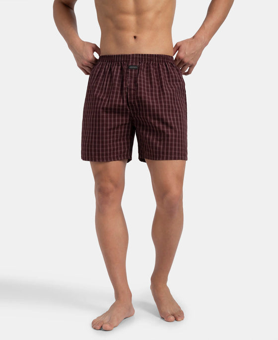Super Combed Mercerized Cotton Woven Checkered Boxer Shorts with Back Pocket - Tawny Port & Vintage Indigo (Pack of 2)
