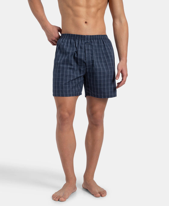 Super Combed Mercerized Cotton Woven Checkered Boxer Shorts with Back Pocket - Tawny Port & Vintage Indigo (Pack of 2)