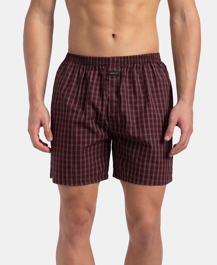Super Combed Mercerized Cotton Woven Checkered Boxer Shorts with Back Pocket - Tawny Port & Vintage Indigo (Pack of 2)