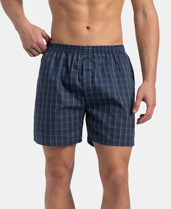 Super Combed Mercerized Cotton Woven Checkered Boxer Shorts with Back Pocket - Tawny Port & Vintage Indigo (Pack of 2)