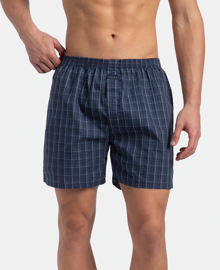 Super Combed Mercerized Cotton Woven Checkered Boxer Shorts with Back Pocket - Tawny Port & Vintage Indigo (Pack of 2)
