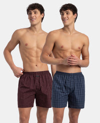 Super Combed Mercerized Cotton Woven Checkered Boxer Shorts with Back Pocket - Tawny Port & Vintage Indigo (Pack of 2)