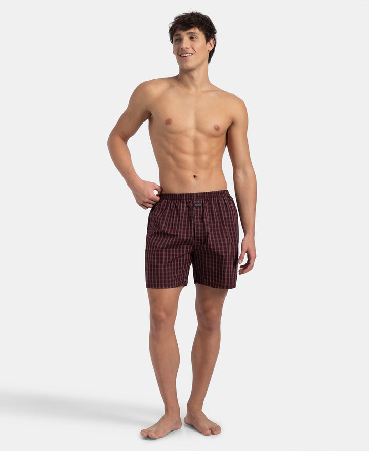 Super Combed Mercerized Cotton Woven Checkered Boxer Shorts with Back Pocket - Tawny Port & Vintage Indigo (Pack of 2)