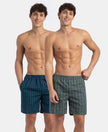 Super Combed Mercerized Cotton Woven Checkered Boxer Shorts with Side Pocket - Dark Forest & Seaport Teal (Pack of 2)