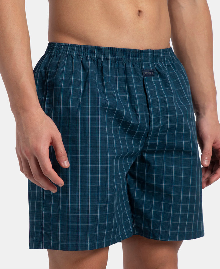 Super Combed Mercerized Cotton Woven Checkered Boxer Shorts with Side Pocket - Dark Forest & Seaport Teal (Pack of 2)