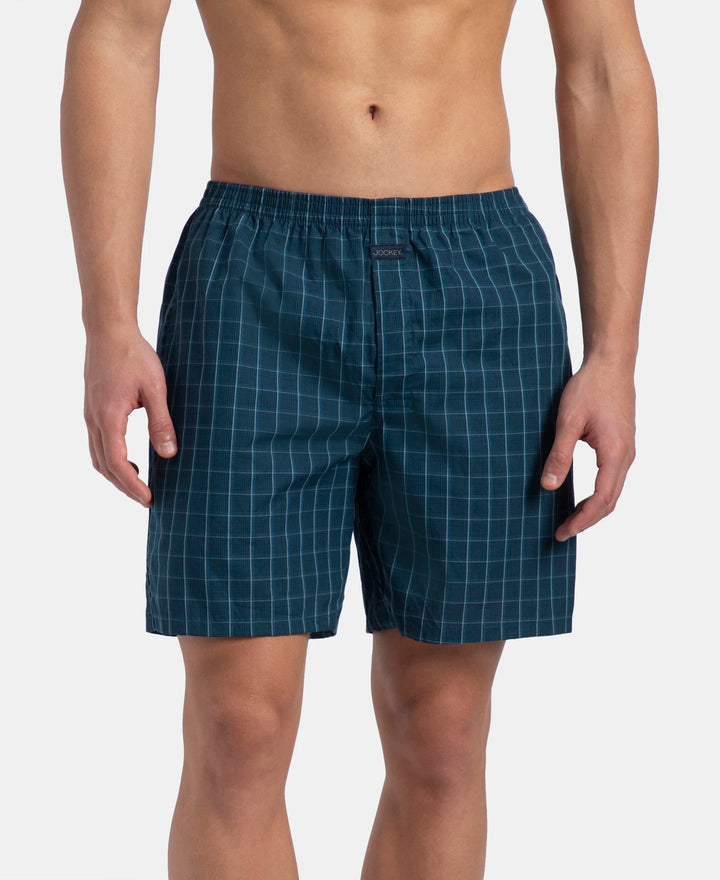Super Combed Mercerized Cotton Woven Checkered Boxer Shorts with Side Pocket - Dark Forest & Seaport Teal (Pack of 2)