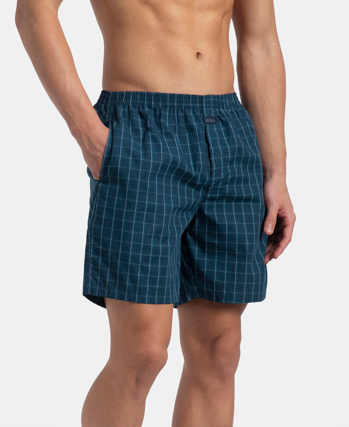 Super Combed Mercerized Cotton Woven Checkered Boxer Shorts with Side Pocket - Dark Forest & Seaport Teal (Pack of 2)