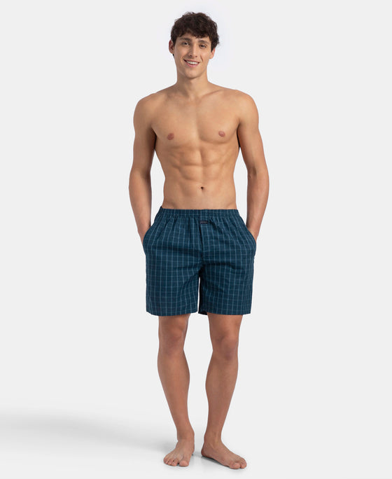 Super Combed Mercerized Cotton Woven Checkered Boxer Shorts with Side Pocket - Dark Forest & Seaport Teal (Pack of 2)