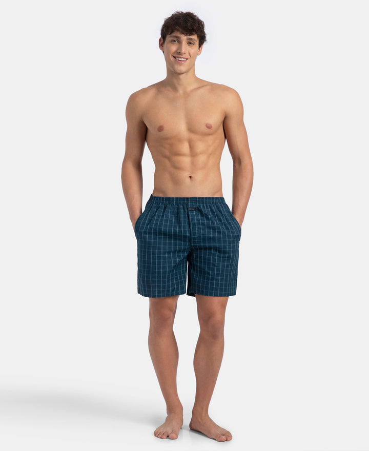 Super Combed Mercerized Cotton Woven Checkered Boxer Shorts with Side Pocket - Dark Forest & Seaport Teal (Pack of 2)