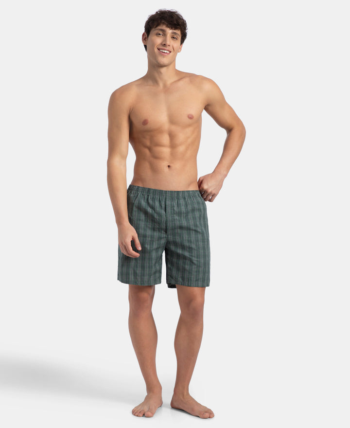 Super Combed Mercerized Cotton Woven Checkered Boxer Shorts with Side Pocket - Dark Forest & Seaport Teal (Pack of 2)