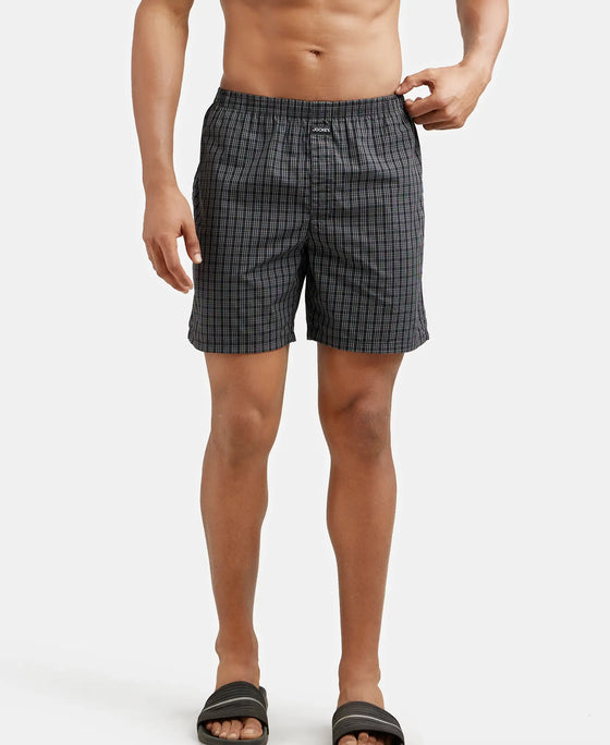 Super Combed Mercerized Cotton Woven Checkered Boxer Shorts with Side Pocket - Black & Grey(Pack of 2)