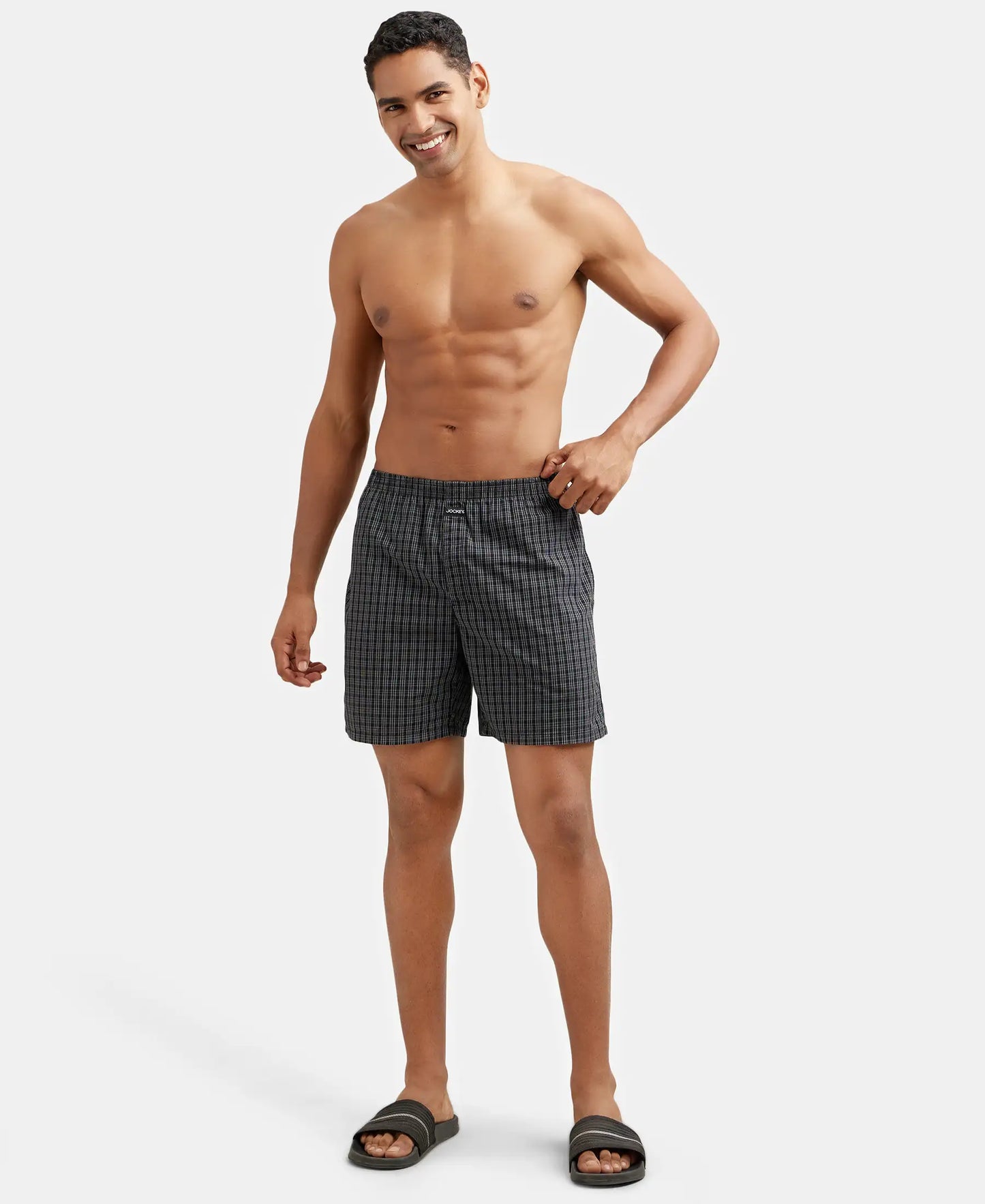 Super Combed Mercerized Cotton Woven Checkered Boxer Shorts with Side Pocket - Black & Grey(Pack of 2)