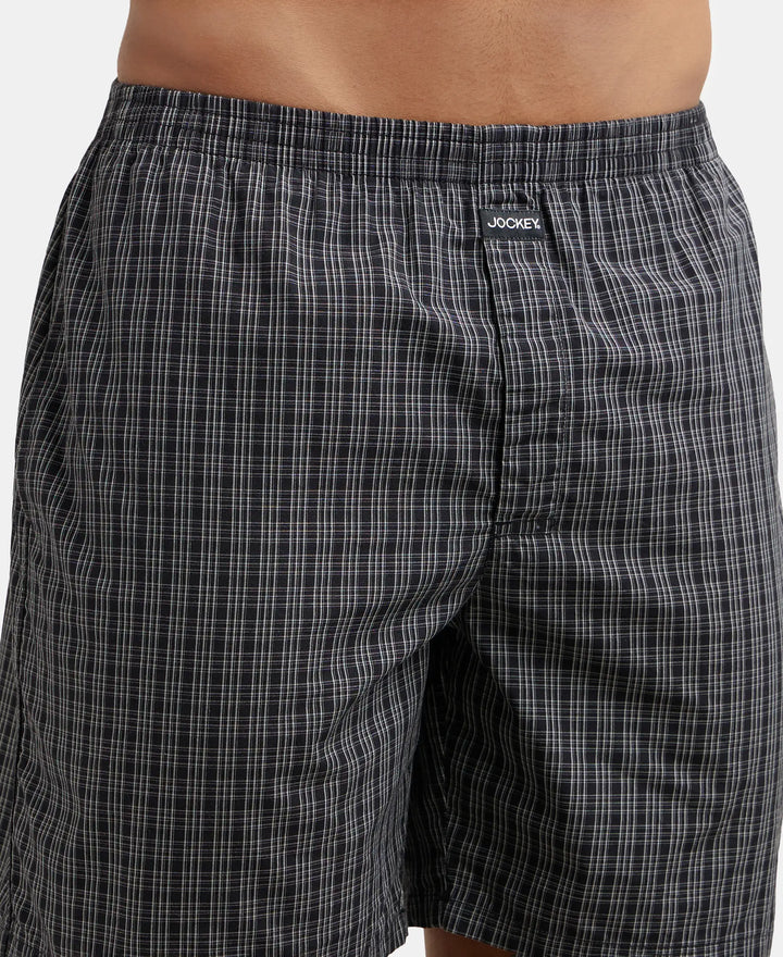 Super Combed Mercerized Cotton Woven Checkered Boxer Shorts with Side Pocket - Black & Grey(Pack of 2)