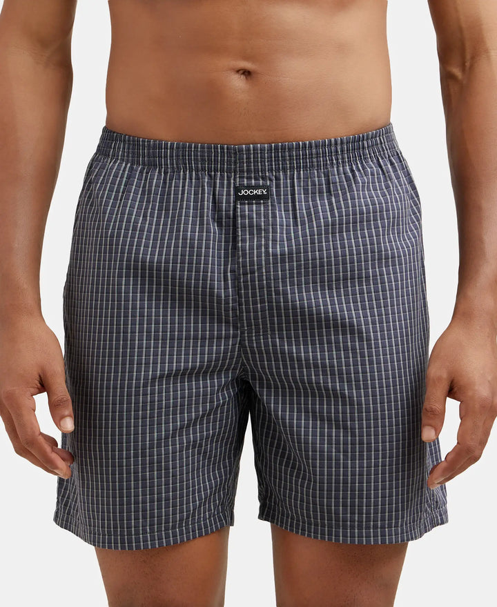 Super Combed Mercerized Cotton Woven Checkered Boxer Shorts with Side Pocket - Black & Grey(Pack of 2)