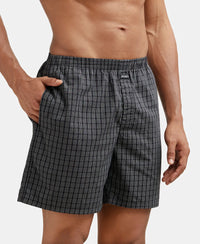 Super Combed Mercerized Cotton Woven Checkered Boxer Shorts with Side Pocket - Black & Grey(Pack of 2)