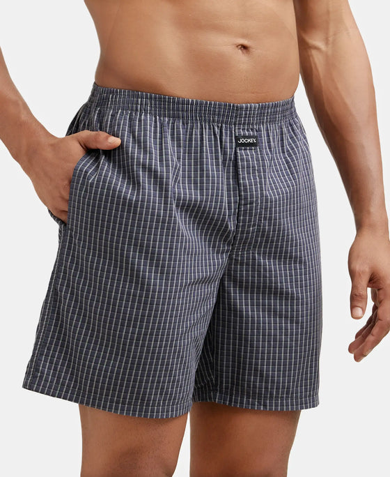 Super Combed Mercerized Cotton Woven Checkered Boxer Shorts with Side Pocket - Black & Grey(Pack of 2)