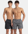 Super Combed Mercerized Cotton Woven Checkered Boxer Shorts with Side Pocket - Grey & Black (Pack of 2)