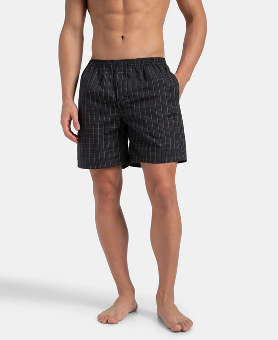 Super Combed Mercerized Cotton Woven Checkered Boxer Shorts with Side Pocket - Grey & Black (Pack of 2)