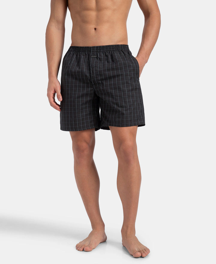 Super Combed Mercerized Cotton Woven Checkered Boxer Shorts with Side Pocket - Grey & Black (Pack of 2)