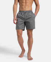 Super Combed Mercerized Cotton Woven Checkered Boxer Shorts with Side Pocket - Grey & Black (Pack of 2)
