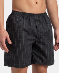 Super Combed Mercerized Cotton Woven Checkered Boxer Shorts with Side Pocket - Grey & Black (Pack of 2)