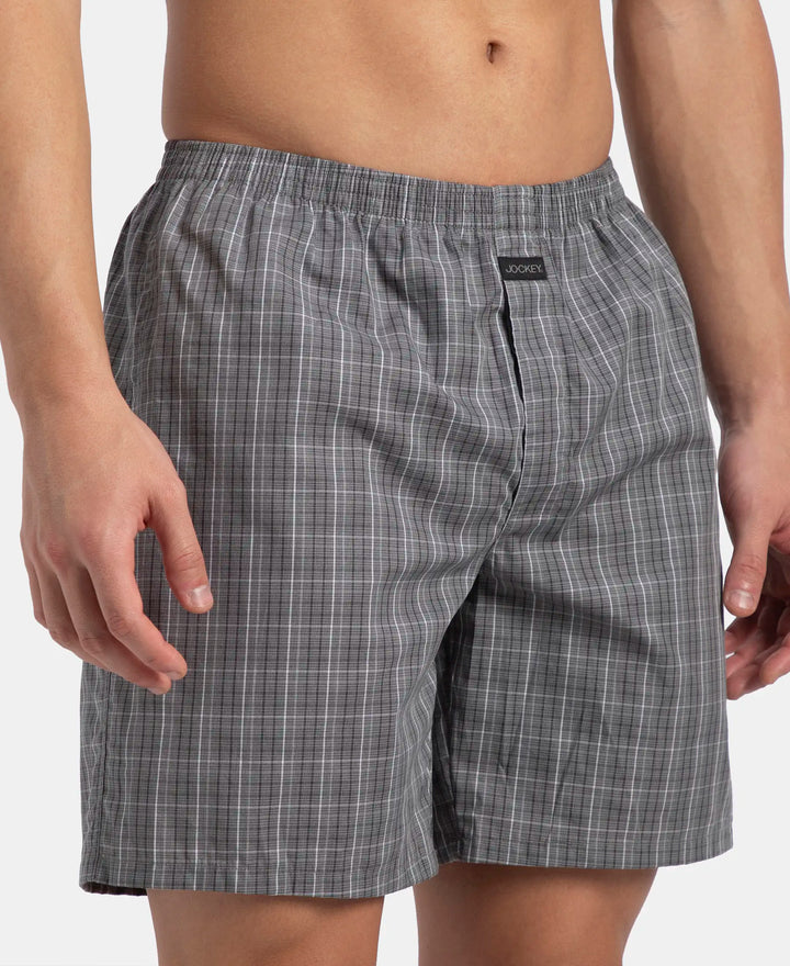 Super Combed Mercerized Cotton Woven Checkered Boxer Shorts with Side Pocket - Grey & Black (Pack of 2)