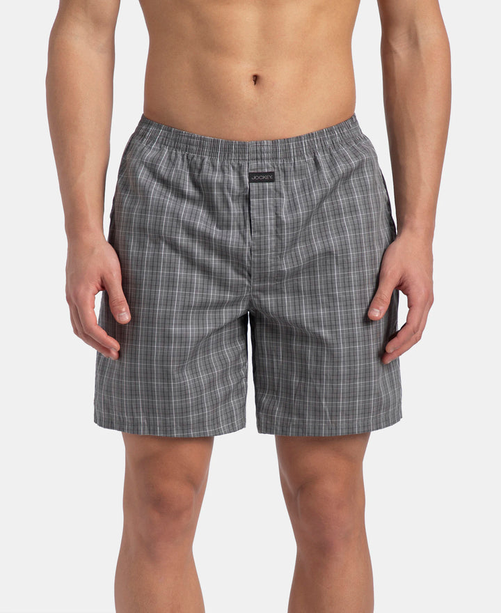Super Combed Mercerized Cotton Woven Checkered Boxer Shorts with Side Pocket - Grey & Black (Pack of 2)