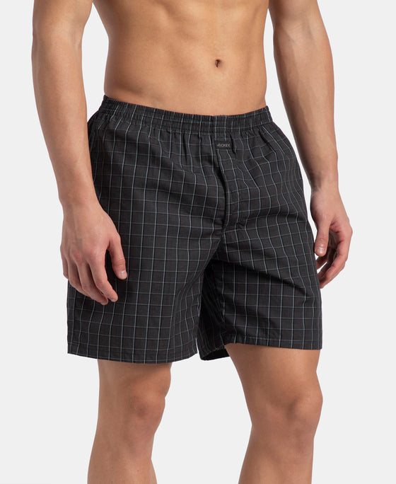 Super Combed Mercerized Cotton Woven Checkered Boxer Shorts with Side Pocket - Grey & Black (Pack of 2)