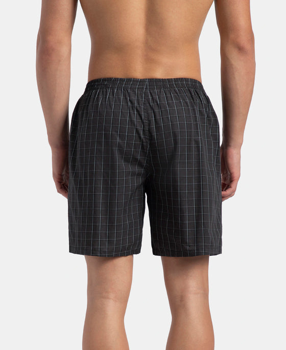 Super Combed Mercerized Cotton Woven Checkered Boxer Shorts with Side Pocket - Grey & Black (Pack of 2)