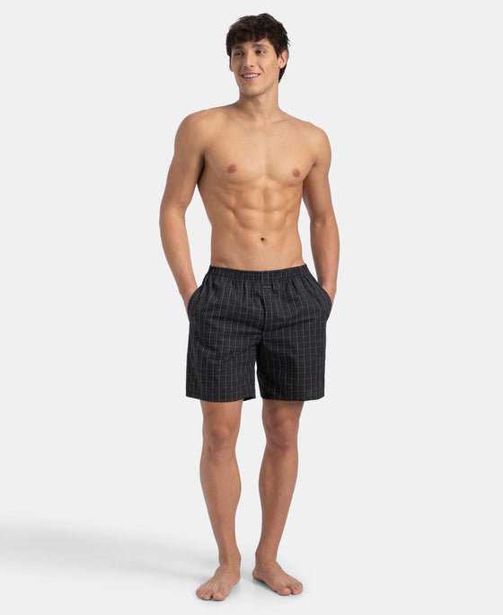 Super Combed Mercerized Cotton Woven Checkered Boxer Shorts with Side Pocket - Grey & Black (Pack of 2)