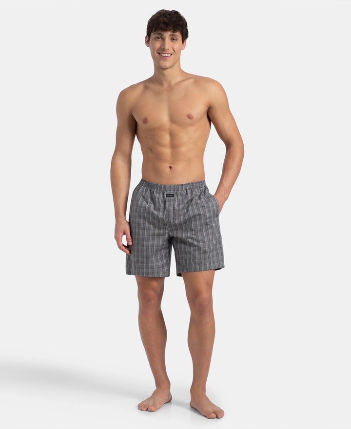 Super Combed Mercerized Cotton Woven Checkered Boxer Shorts with Side Pocket - Grey & Black (Pack of 2)
