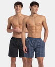 Super Combed Mercerized Cotton Woven Checkered Boxer Shorts with Side Pocket - Vintage Indigo & Black (Pack of 2)