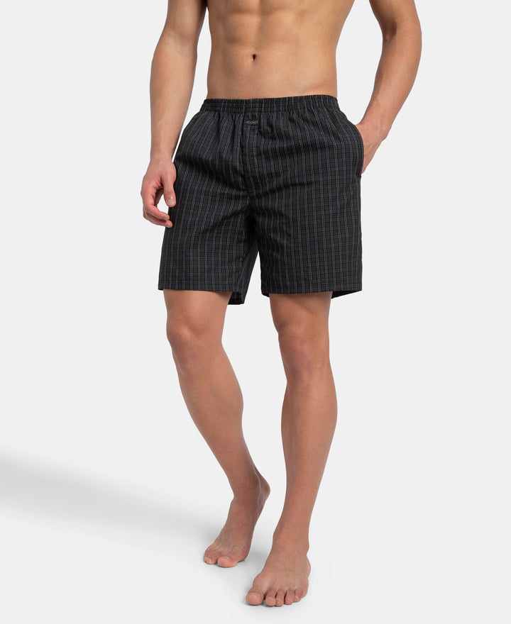 Super Combed Mercerized Cotton Woven Checkered Boxer Shorts with Side Pocket - Vintage Indigo & Black (Pack of 2)