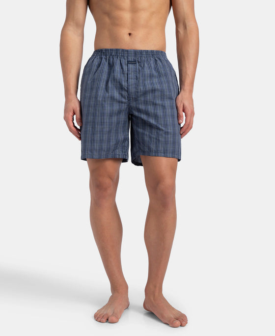 Super Combed Mercerized Cotton Woven Checkered Boxer Shorts with Side Pocket - Vintage Indigo & Black (Pack of 2)