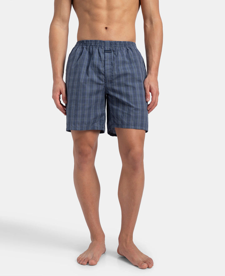 Super Combed Mercerized Cotton Woven Checkered Boxer Shorts with Side Pocket - Vintage Indigo & Black (Pack of 2)