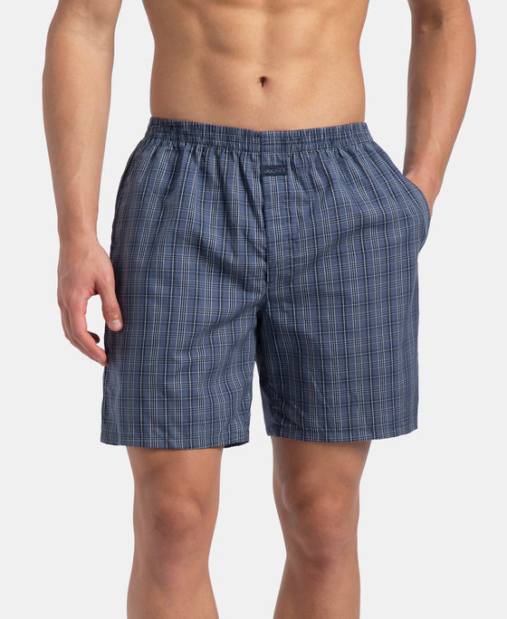 Super Combed Mercerized Cotton Woven Checkered Boxer Shorts with Side Pocket - Vintage Indigo & Black (Pack of 2)