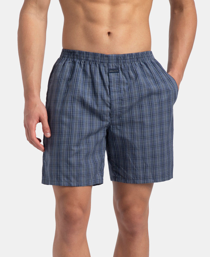 Super Combed Mercerized Cotton Woven Checkered Boxer Shorts with Side Pocket - Vintage Indigo & Black (Pack of 2)