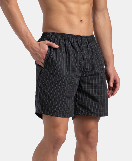 Super Combed Mercerized Cotton Woven Checkered Boxer Shorts with Side Pocket - Vintage Indigo & Black (Pack of 2)