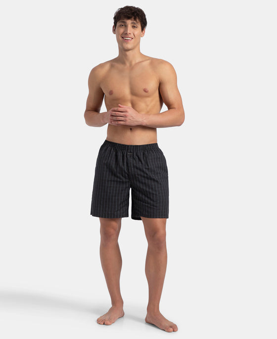 Super Combed Mercerized Cotton Woven Checkered Boxer Shorts with Side Pocket - Vintage Indigo & Black (Pack of 2)