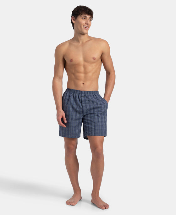Super Combed Mercerized Cotton Woven Checkered Boxer Shorts with Side Pocket - Vintage Indigo & Black (Pack of 2)
